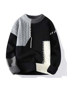Men's Spring And Autumn New Color Contrasting Casual Round Neck Sweater Men's Fashion Versatile Base Knitted Sweater Loose Sweater