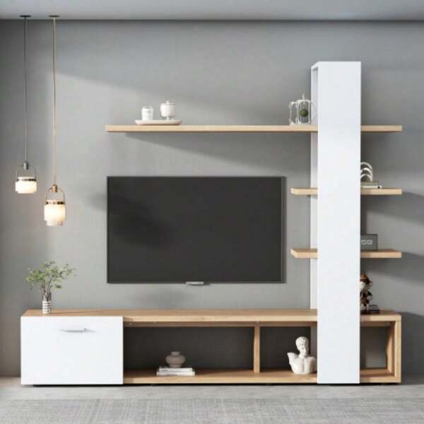 Pensile per soggiorno di casa, set di mobili per soggiorno 180 x 33,5 x 151,5 cm, adatto per TV sotto i 60 pollici, mobile TV moderno in rovere bianco, credenza bassa, set di pensili per TV, set di mobili per soggiorno