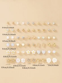 1 套/30 件时尚简约可爱花朵金属心形水钻蝴蝶结叶子设计耳钉首饰套装，节日礼物，适合日常佩戴 - 彩色 - 查看 7