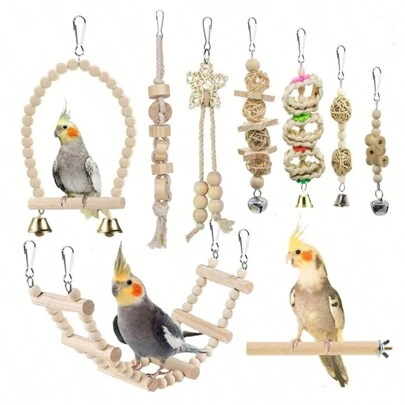 9 件鸟玩具秋千梯子攀爬训练套装适用于中小型宠物，包括虎皮牡丹和爱情鸟咀嚼玩具