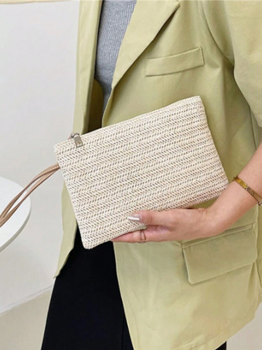 1pc Carteira feminina de tecido com tema urbano - Bolsa de mão de palha feita à mão com design trançado de grama de trigo, cor sólida, fecho de zíper, forro de poliéster, material de tecido, lavável à máquina - ideal para deslocamentos e viagens