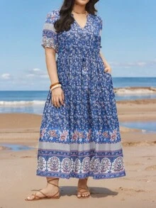 Plus Size Bohemian Style Printed V-Neck Short Sleeve Dress, Summer - Blue - View 2