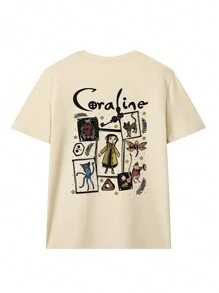 女式夏季卡通和口号图案圆领短袖 T 恤，休闲宽松百搭假日风格上衣，适合日常假日穿着的时尚夏季服装，女式万圣节服装，万圣节氛围，万圣节卡罗琳和幽灵图案 - 杏色 - 查看 4
