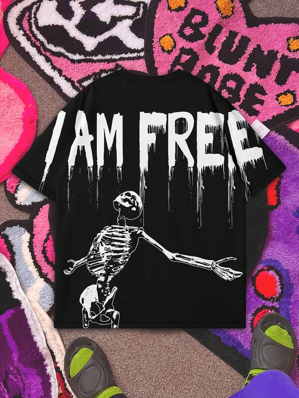 Men's Round Neck Short Sleeve Skeleton Print Y2K Style Drop Shoulder Short Sleeve T-Shirt