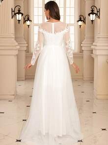 精致蕾丝贴花装饰圆领薄纱拼接甜心 A 字型婚纱，新娘 - 白色 - 查看 2