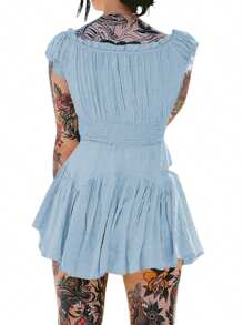 Women Flowy Pirate Dress Fairy Short Sleeve Y2k Off Shoulder Ruffle Corset Mini Dresses - 藍色 - 查看 7