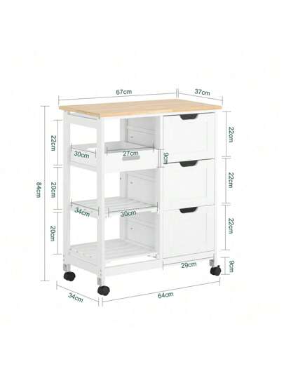 SoBuy Serving Trolley Wheels, Kitchen Tray, Side Table, Rolling Kitchen, Living Room, Dining Room Ideal Single Kitchens, Cabinets Worktop, White, 68x85x38 Cm, FKW79 view 2