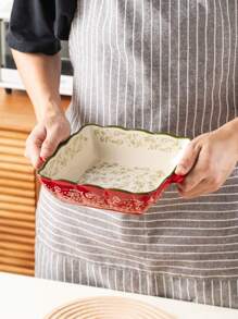 Assadeira quadrada de cerâmica pintada à mão com padrão floral vintage vermelho e alças, utensílios de cozinha para salada, grelhados, assados, sobremesas e pizzas, adequada para forno e micro-ondas