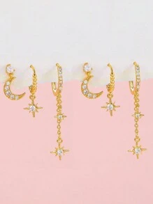 rakol 6pcs Set Elegant Shiny Copper-Tone Cubic Zirconia Star & Moon Earrings Set, Gift For Women - Style 1 - View 3