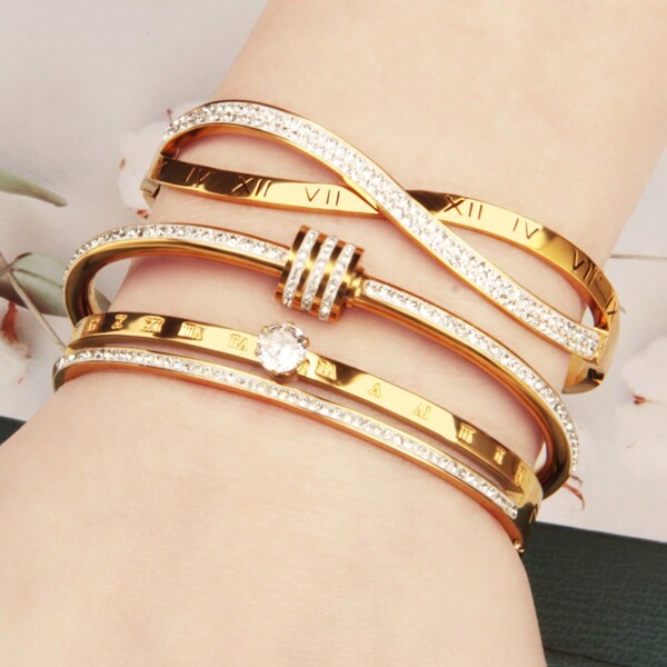 3pcs Set Gold-Plated Jewelry Gift: Fully Rhinestoned Jewelry, Belt, And 18K Gold Stainless Steel Bracelet For Women
