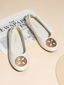 Women Ballet Flats Round Toe Slip-On Style With Metal Accent Comfortable Classic Fashion Dressy Casual Work Travel Business Office Flats Shoes - 白色 - 查看 6