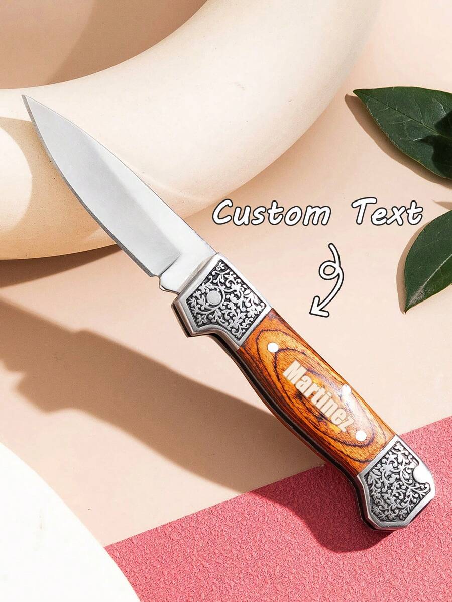 1PC Personalized Pocket Knife For Men, 2.55'' Engraved Retro Folding Knife, Cool EDC Knives, Customized Gifts For Men Dad Boyfriend Son - Redwood - View 1