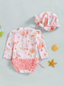 Baby Girl Rash Guard Swimsuit Floral/Shell Print Long Sleeve Mock Neck Bathing Suit With Hat 2 Pcs Set - Ivory - View 4