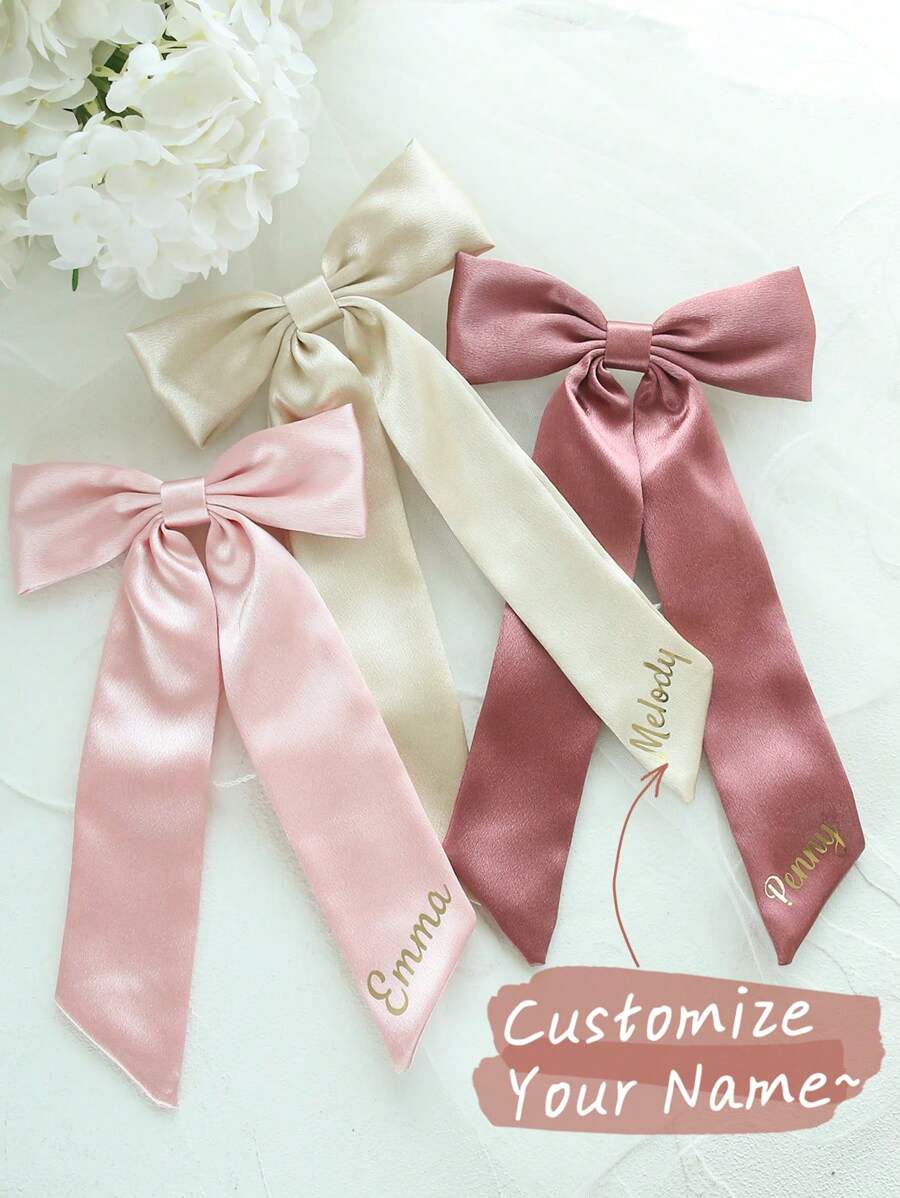 1pc Custom Name Hair Bow Barrette Personalized Gold Monogram Delicate Hair Bow Classic Hair Bow Satin Bow Hair Tie Brigitte Hair Bow Fit For Sleek Chic Ponytail Low Bun Gift For Her Wedding Gift, Wedding Hair Accessories, Spring Summer Bright Colors - Multicolor - View 1