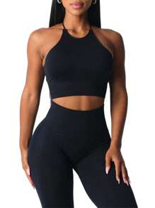Sports Bras For Women Solid Color Sleeveless Workout Yoga Bra Fitness Sport Seamless Bralette Underwear Running Bras - 黑色 - 查看 3