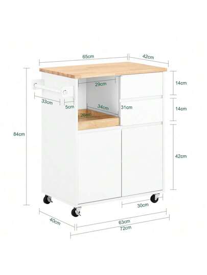 SoBuy Kitchen Trolley Storage Mobile Cabinet Rubber Wood Worktop W72 D42 H84cm FKW123 WN view 2