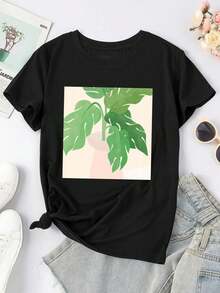 Fresh Morning A Botanical Collage Style Contemporary Digital Art Illustration Featuring Green Leaves And Houseplants In Minimalism With Monstera And A Textured Vase For Women's Women T-Women's Shirt - 黑色 - 查看 1