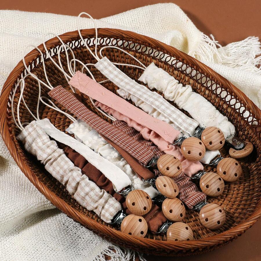 2 件/包带松紧带的奶嘴夹 | 婴儿奶嘴链夹 | 通用奶嘴夹，带山毛榉木扣，适用于婴儿出牙玩具牙胶 | 男孩女孩的理想婴儿礼物 - 彩色 - 查看 1