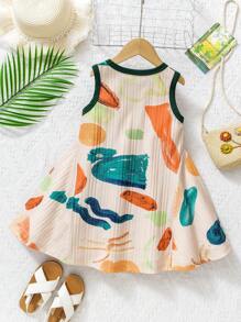 Young Girl Geometric Floral Element Print Casual Daily Holiday Sleeveless Dress, Summer - Multicolor - View 2