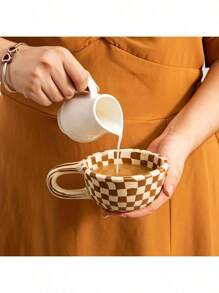1pc 200ml Coffee Mug Ceramic Coffee Cups Brown Plaid Pattern Water Cups Summer Drinkware Kitchen Stuff Home Kitchenware Gifts