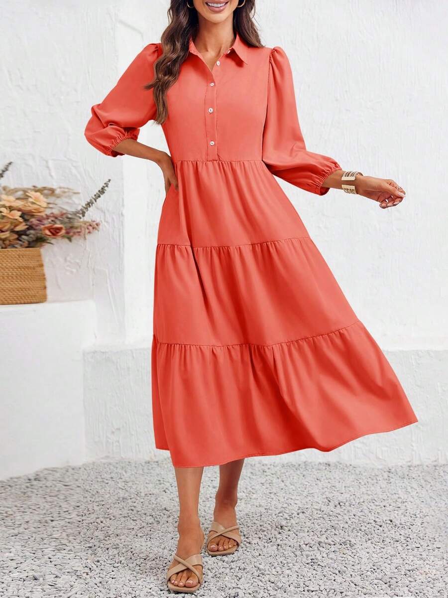 2026 Popular Fall Maxi Shirt Dress V Neck Vestidos Elegantes De Mujer Button Down 3/4 Sleeve Tiered Collared Flowy Design - Orange Red - View 1