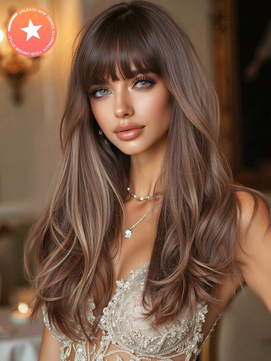 FIVE STARS High Quality 22-Inch Synthetic Heat-Resistant Fiber Wig With Long Curly Bangs In Multiple Colors Ladies Wig Is Perfect For Holiday Party Everyday Wear - Brown - View 1