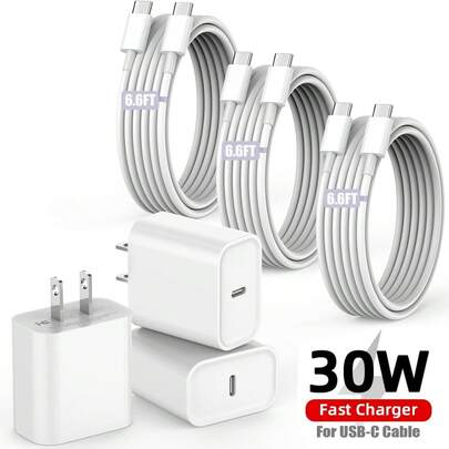 1-3パック USB-C 30W急速充電アダプター 壁充電ブロック 6.6FT/200cm長充電ケーブル データライン USB-C to Type-C充電ケーブル 充電セット、17/16/15 Pro Max Plus対応、充電セット