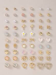 30 Pairs Assorted Cute Pink Bow, Faux Pearl And Rhinestone Flower Earring Set For Women, Daily Wear Jewelry, Holiday Gift