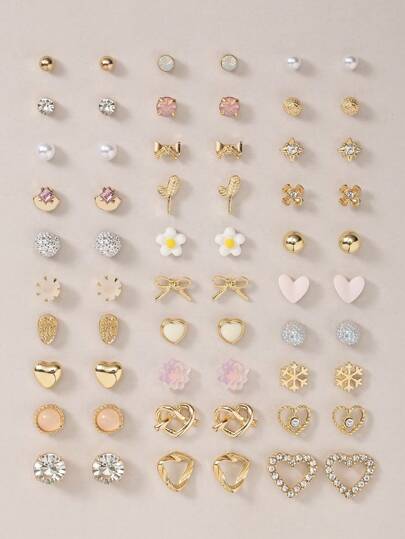 30 对各式可爱粉色蝴蝶结、人造珍珠和水钻花朵耳环套装，适合女士、日常佩戴首饰、节日礼物