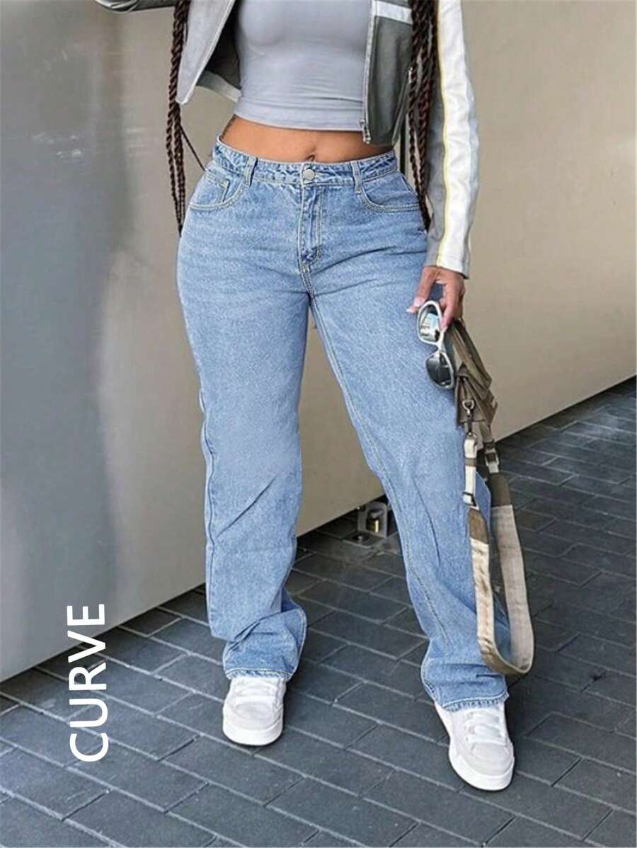 Large Size Women's Denim Jeans - Wide Leg Loose Mid Waist Boyfriend Jeans, Y2K Style Denim Pants - Light Wash - View 1