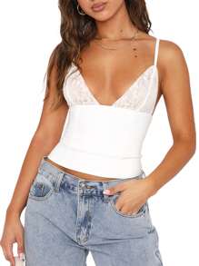 Women's Y2k Fairy Lace Patchwork Cami Tank Tops Spaghetti Strap V-Neck Slim Fit Camisole Crop Top Sexy Sleeveless Backless Vest Shirts Tops Summer Going Out Tops Clubwear Streetwear - 白色 - 查看 3