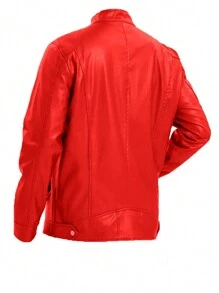 男士长袖立领修身皮夹克，带拉链口袋，摩托车骑行风格，适合秋冬季穿着 - 紅色 - 查看 2