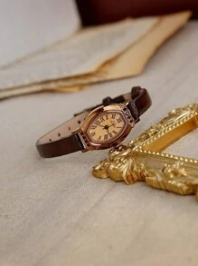 1 pieza Reloj de mujer vintage, elegante y casual, con correa color café, esfera con forma de barril y subreloj, estilo británico retro, reloj de cuarzo de lujo con cristales, para uso diario