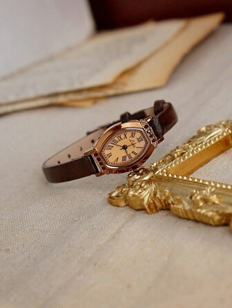 1pc Vintage-Style Casual & Elegant Lady's Watch, Coffee-Color Leather Band, Barrel-Shaped Dial With Mini Sub-Dial, Retro British Style, Luxury Crystal-Embellished Quartz Watch For Daily Wear