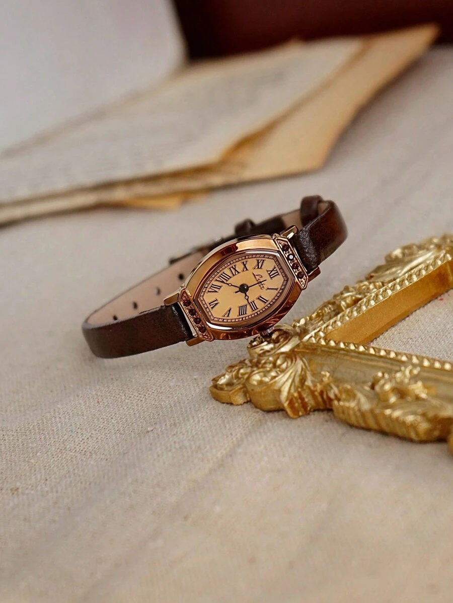 1 pieza Reloj de mujer vintage, elegante y casual, con correa color café, esfera con forma de barril y subreloj, estilo británico retro, reloj de cuarzo de lujo con cristales, para uso diario