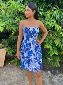 Short Strapless Dress With Elastic Gathering On The Bust - 寶藍色 - 查看 3