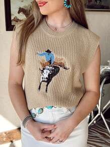 Acelitt Faux Leather Western Cowboy Embroidered Sleeveless Sweater - Khaki - View 2