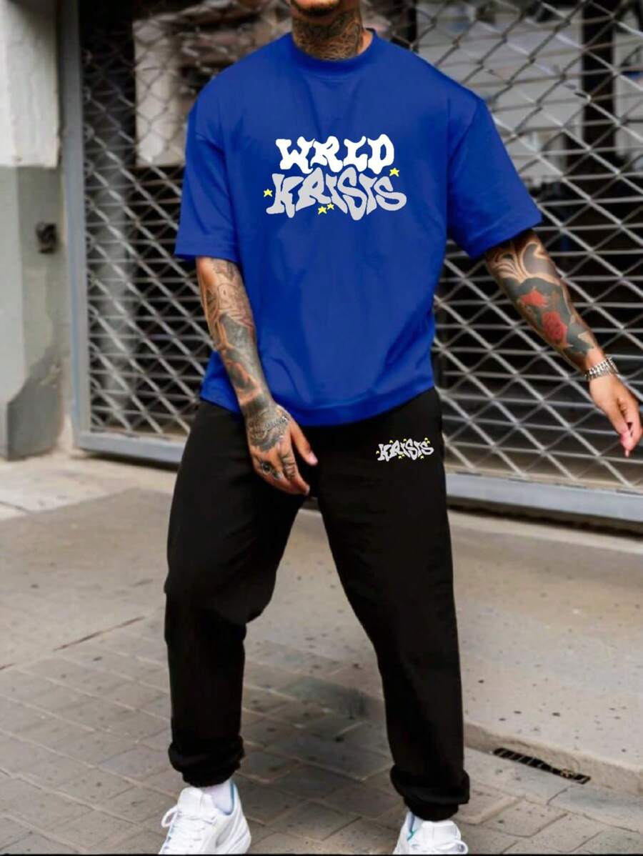 Men Star Slogan English Print Casual Daily Wear Short Sleeve T-Shirt And Pants Set - Blue - View 1