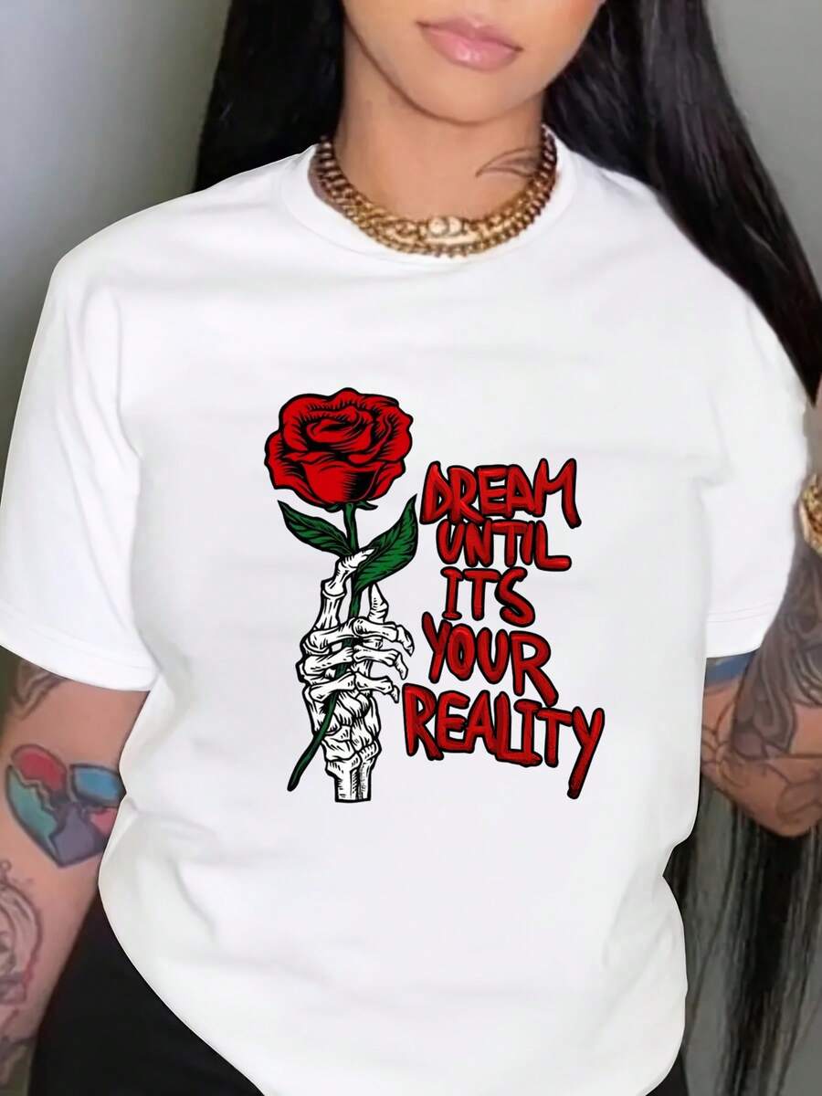 Rose Flower & Text Print Round Neck Short Sleeve T-Shirt For Women - White - View 1