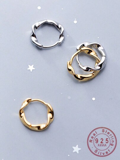 1 Pair S925 Silver Modern Line Pattern & Mobius Loop Design Short Hoop Earrings For Girl