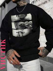 VHUTHK (250g Polyester Fiber Polyester)   Printed Fashionable Men's Casual Long Sleeved Round Neck Pullover Sweatshirt, Suitable For Outdoor Sports, Suitable For Autumn And Winter - màu đen - Xem 1