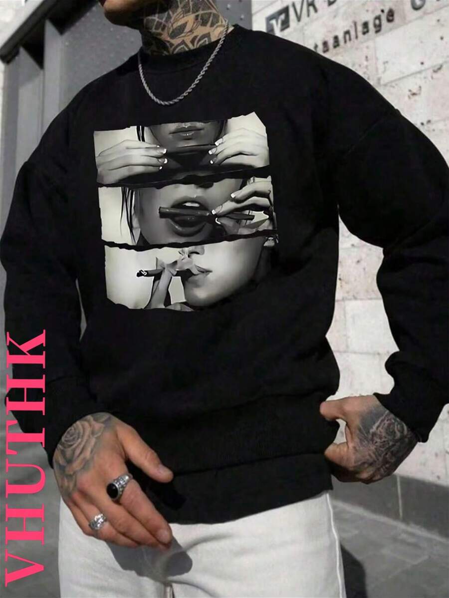 VHUTHK (250g Polyester Fiber Polyester)   Printed Fashionable Men's Casual Long Sleeved Round Neck Pullover Sweatshirt, Suitable For Outdoor Sports, Suitable For Autumn And Winter - màu đen - Xem 1