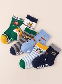 6pairs Boys' Anti-skid Cartoon Construction Vehicles And Police Car Series Floor Socks For Infant And Toddler