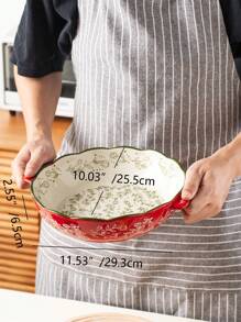 Assadeira redonda de cerâmica pintada à mão, com estampa floral vintage vermelha e alças, ideal para saladas, grelhados, assados, sobremesas e para fazer pizza e massas, para forno e micro-ondas, utensílios de cozinha