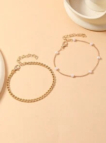 2 Pcs/Set Summer Boho Style Double-Layer Gold Color Anklet, Simple Fashion Decorative Vintage Anklet Suitable For Women Casual Wear