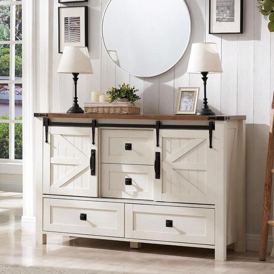 Dresser For Bedroom, With 4 Drawers And Sliding Barn Door, 48 Inch Wide Chest Of Drawers, Country Dresser With Shelf, Bedroom Dresser, Living Room, Entryway, White - White - View 1