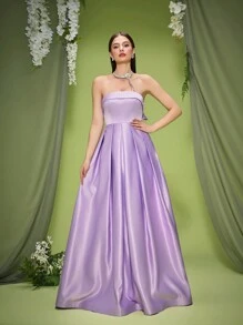 Mgiacy,New Arrival,Tube Top,Bow, Elegant Bridesmaid Dress,Ruched,Romantic,Long Dress - Mauve Purple - View 3
