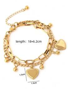 1 件时尚欧式双层心形吊坠链手链女士情人节款 - 金色 - 查看 4