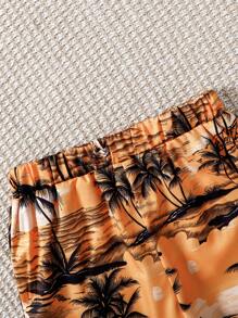 Young Boy 3 Piece Vacation Print Short Sleeve Shirt, Shorts & Hat Set, Fashionable & Minimalist, Hot Selling Summer Outfit For 2-5