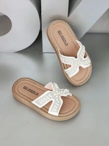1 par de sandalias de dedo con tiras cruzadas decoradas con perlas y cristales para niñas/niños, color blanco - Beis - Ver 2